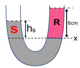 سائلان  S  و  R  وضعا في انبوبة ذات شعبتين كما بالشكل ، فاذا كانت كثافة السائل S هو  3g/cm3  وكثافة السائل2g/cm3  R فيكون ارتفاع السائل  S  = ..... سم